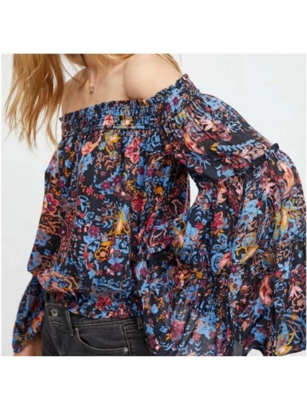 Free People Navy Multicolor Floral Off-Shoulder Top EUC